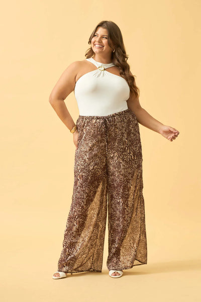 CALCA RETA COM CORDINHA CHIFFON ANIMAL PRINT II MARROM