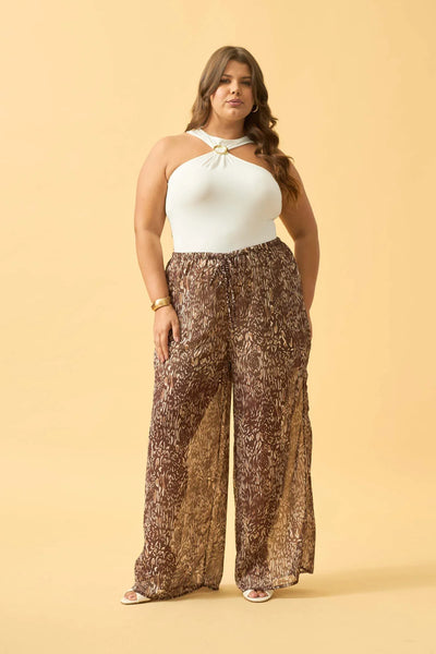 CALCA RETA COM CORDINHA CHIFFON ANIMAL PRINT II MARROM