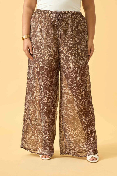 CALCA RETA COM CORDINHA CHIFFON ANIMAL PRINT II MARROM