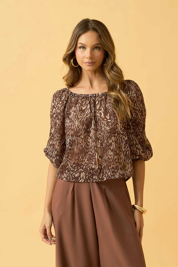 BLUSA OMBRO A OMBRO CHIFFON ANIMAL PRINT II MARROM
