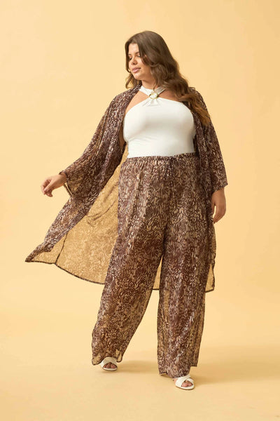 MAXI KIMONO COM RECORTE CHIFFON ANIMAL PRINT II MARROM