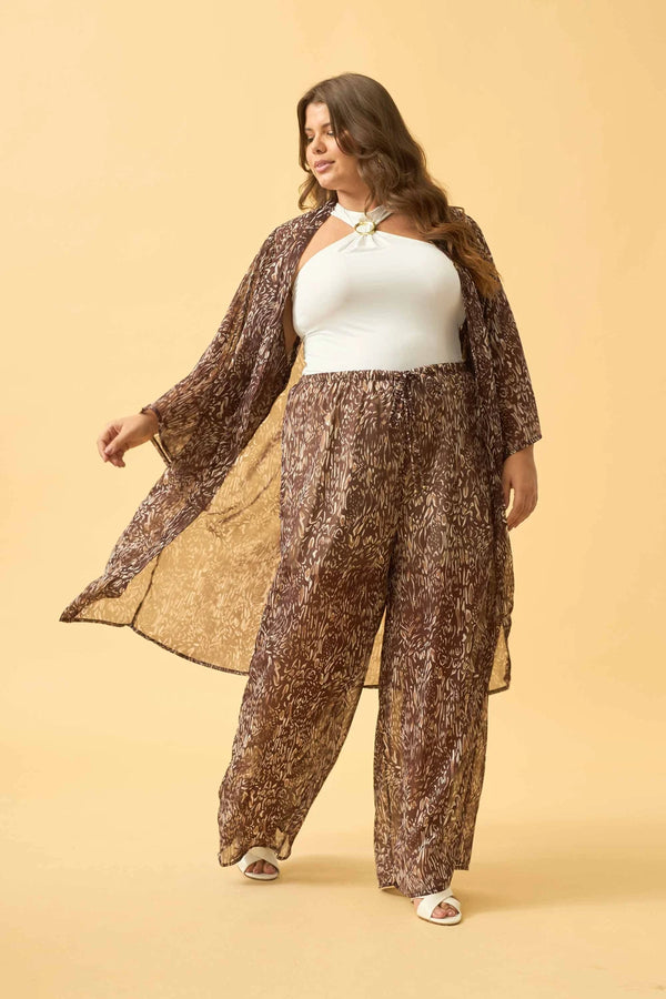 MAXI KIMONO COM RECORTE CHIFFON ANIMAL PRINT II MARROM