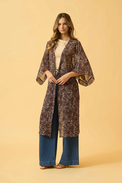 MAXI KIMONO COM FENDA CHIFFON ANIMAL PRINT II MARROM
