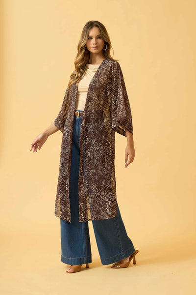 MAXI KIMONO COM FENDA CHIFFON ANIMAL PRINT II MARROM