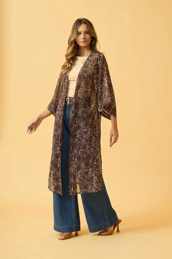 MAXI KIMONO COM FENDA CHIFFON ANIMAL PRINT II MARROM