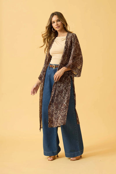 MAXI KIMONO COM FENDA CHIFFON ANIMAL PRINT II MARROM