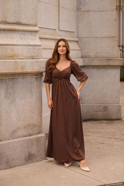 VESTIDO LONGO MANGA BUFANTE SLUB CAPPUCCINO
