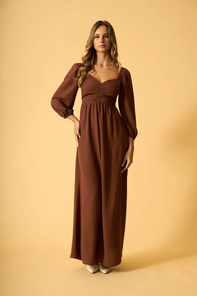 VESTIDO LONGO MANGA BUFANTE SLUB CAPPUCCINO