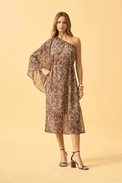 VESTIDO MIDI UM OMBRO SO CHIFFON ANIMAL PRINT II MARROM