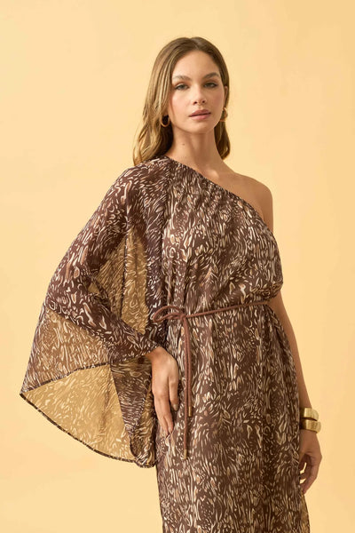 VESTIDO MIDI UM OMBRO SO CHIFFON ANIMAL PRINT II MARROM
