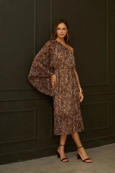 VESTIDO MIDI UM OMBRO SO CHIFFON ANIMAL PRINT II MARROM