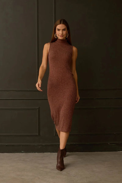 VESTIDO MIDI CANELADA FLANEL COM GOLA CAPPUCCINO