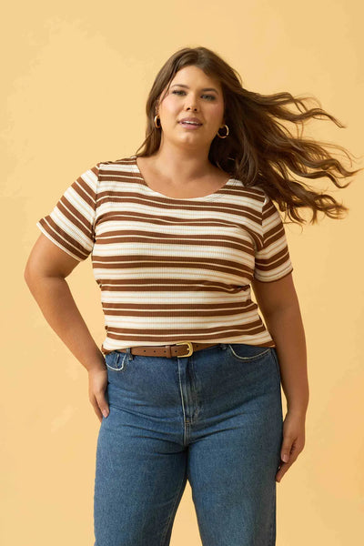 BLUSA COM DECOTE REDONDO RIBANA LISTRADA COBRE