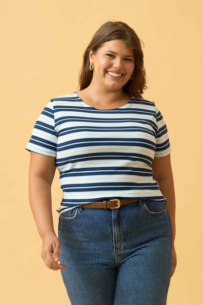 BLUSA COM DECOTE REDONDO RIBANA LISTRADA AZUL