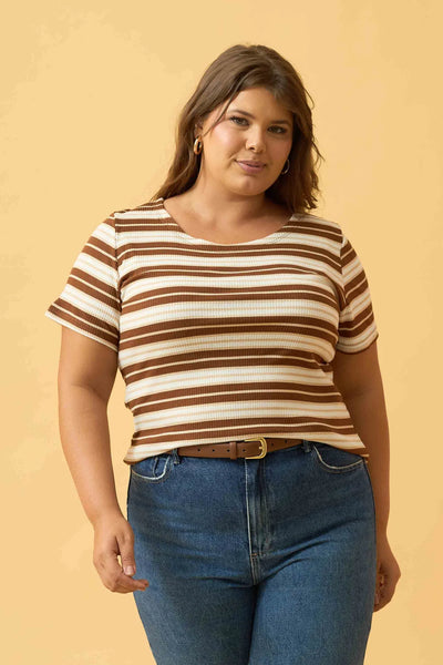 BLUSA COM DECOTE REDONDO RIBANA LISTRADA COBRE