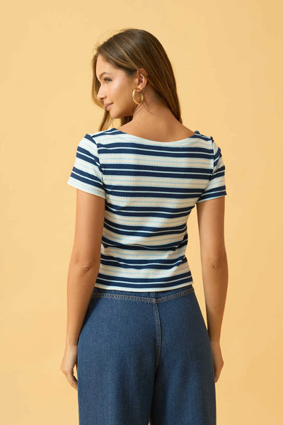 BLUSA COM DECOTE REDONDO RIBANA LISTRADA AZUL