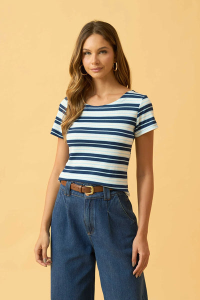 BLUSA COM DECOTE REDONDO RIBANA LISTRADA AZUL