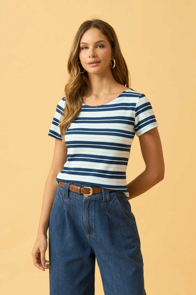 BLUSA COM DECOTE REDONDO RIBANA LISTRADA AZUL