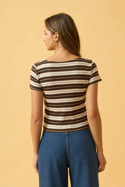 BLUSA COM DECOTE REDONDO RIBANA LISTRADA CAFE