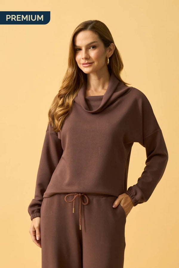 BLUSA COM GOLA MOLETINHO MODAL MARROM ESCURO