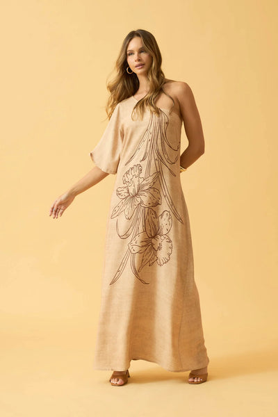VESTIDO LONGO CROPPED UM OMBRO SO ORQUIDEA BEGE