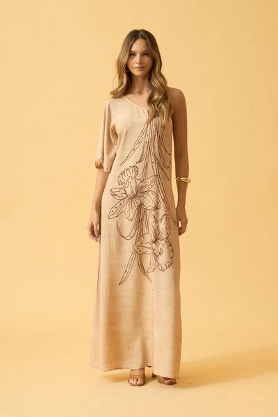 VESTIDO LONGO CROPPED UM OMBRO SO ORQUIDEA BEGE