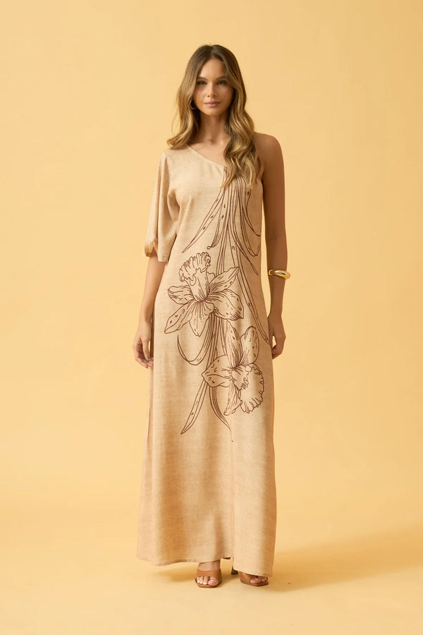 VESTIDO LONGO CROPPED UM OMBRO SO ORQUIDEA BEGE