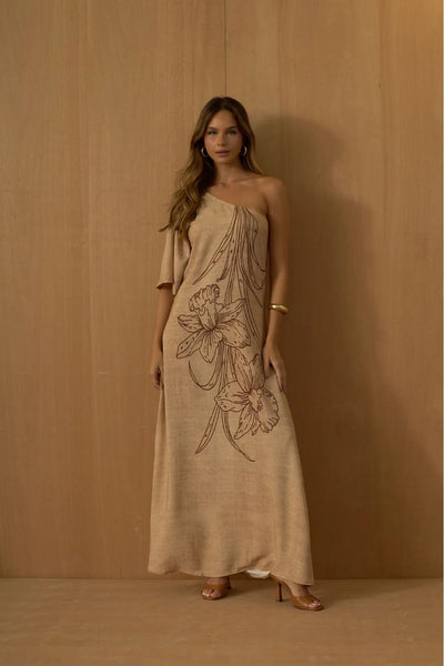 VESTIDO LONGO CROPPED UM OMBRO SO ORQUIDEA BEGE