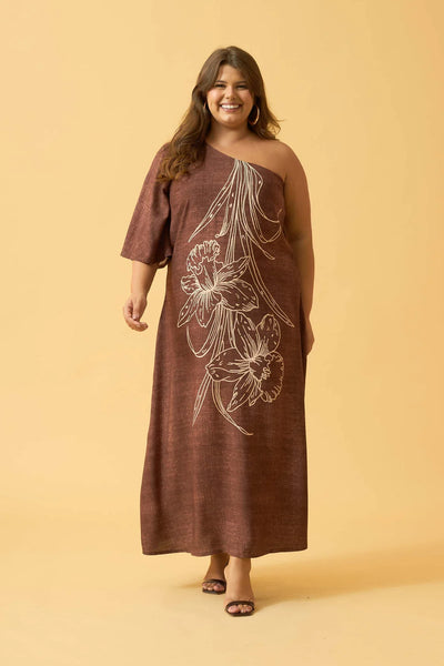VESTIDO LONGO CROPPED UM OMBRO SO ORQUIDEA MARROM