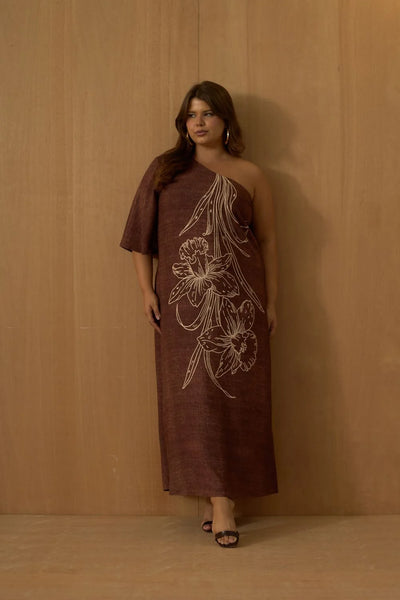 VESTIDO LONGO CROPPED UM OMBRO SO ORQUIDEA MARROM