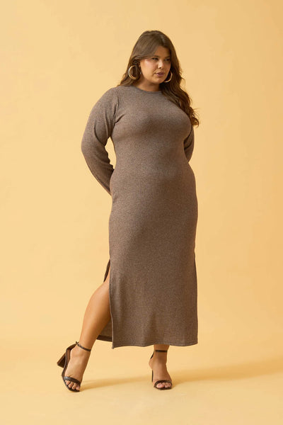 VESTIDO LONGO CROPPED BARCELONA CANELADO MARROM ESCURO