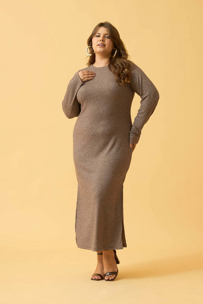 VESTIDO LONGO CROPPED BARCELONA CANELADO MARROM ESCURO