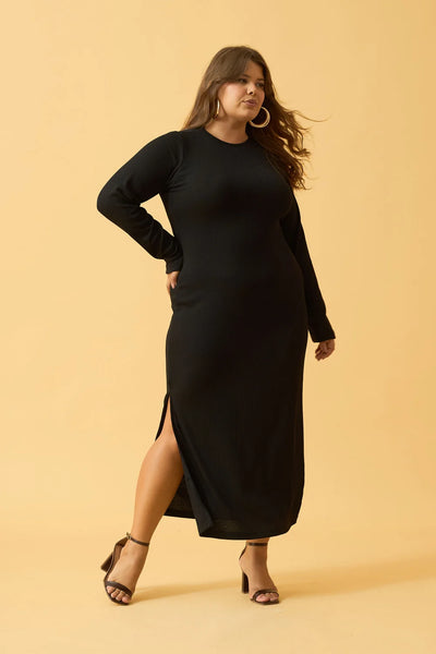 VESTIDO LONGO CROPPED BARCELONA CANELADO PRETO