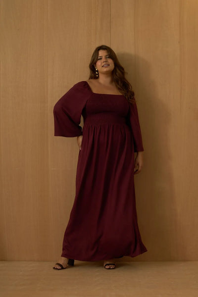 VESTIDO LONGO COM MANGA LONGA TWILL VINHO