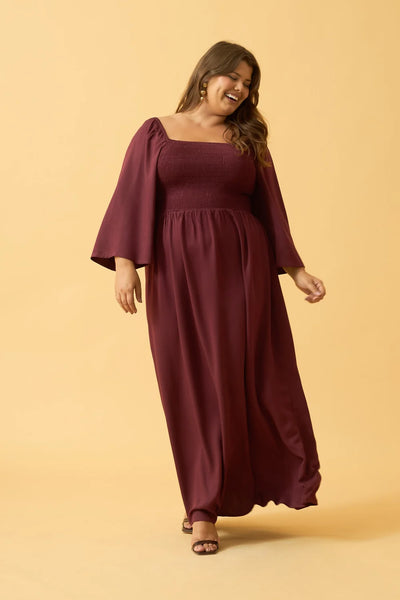 VESTIDO LONGO COM MANGA LONGA TWILL VINHO