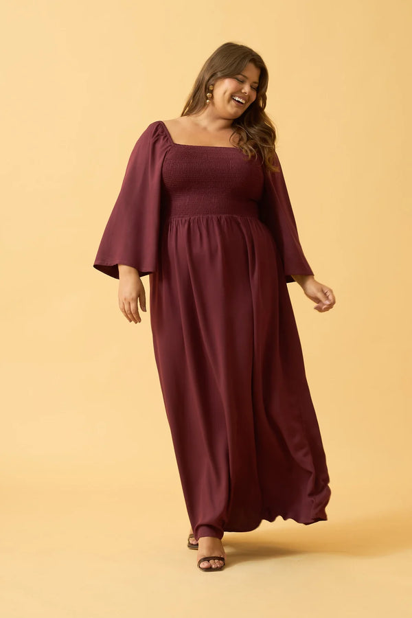 VESTIDO LONGO COM MANGA LONGA TWILL VINHO