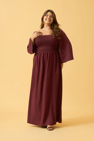 VESTIDO LONGO COM MANGA LONGA TWILL VINHO