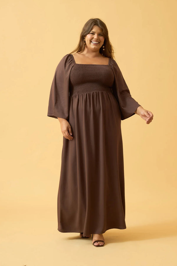 VESTIDO LONGO COM MANGA LONGA TWILL MARROM ESCURO