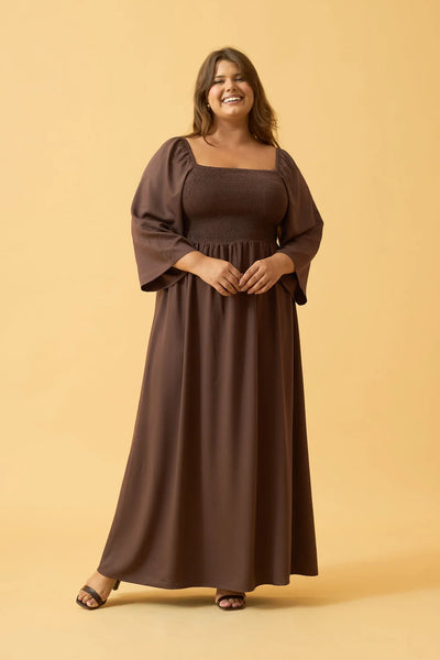 VESTIDO LONGO COM MANGA LONGA TWILL MARROM ESCURO