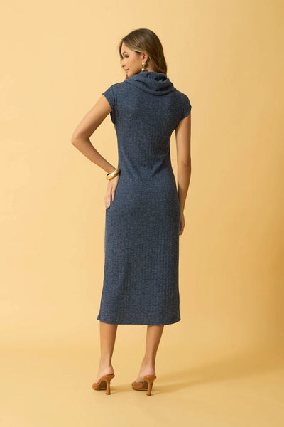 VESTIDO MIDI MANGA JAPONESA COM GOLAO AZUL MEDIEVAL