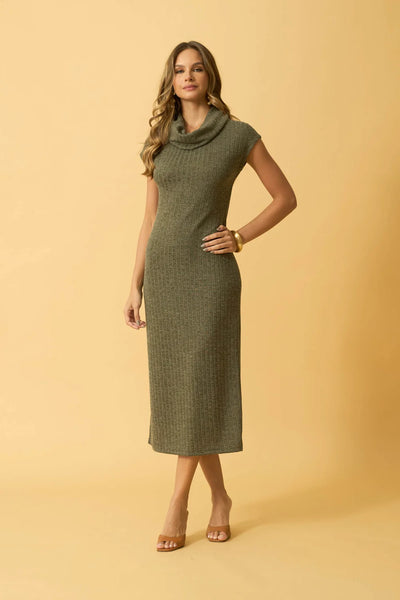 VESTIDO MIDI MANGA JAPONESA COM GOLAO OLIVE NIGHT