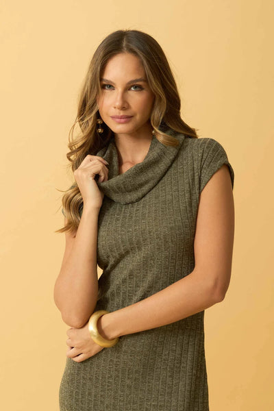 VESTIDO MIDI MANGA JAPONESA COM GOLAO OLIVE NIGHT