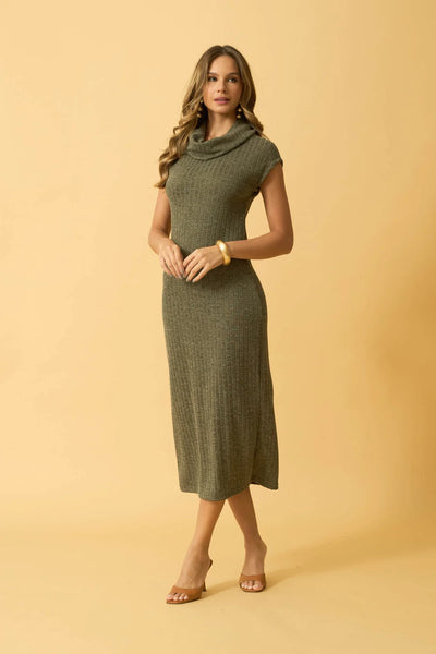VESTIDO MIDI MANGA JAPONESA COM GOLAO OLIVE NIGHT
