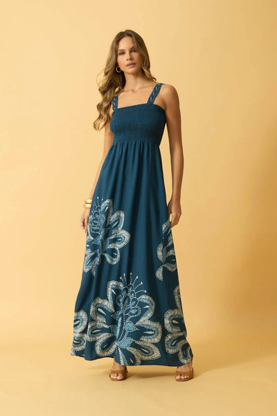 VESTIDO LONGO COM ALCA DE CORDA MAXI FLOR BORDADO