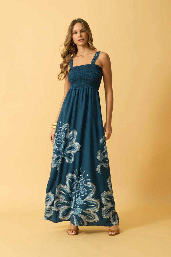 VESTIDO LONGO COM ALCA DE CORDA MAXI FLOR BORDADO