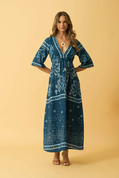 VESTIDO LONGO DECOTE V JARDIM BORDADO