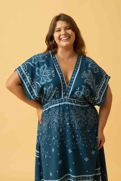 VESTIDO MIDI MANGA JAPONESA JARDIM BORDADO