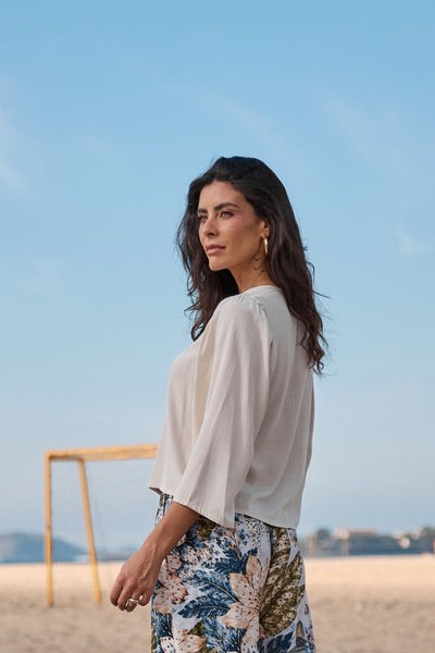 BLUSA COM AMARRAÇÃO FRONTAL RAYON SLUB ALGODÃO