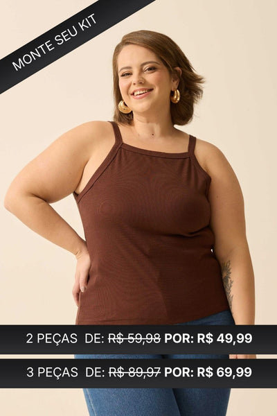 REGATA COM DECOTE QUADRADO EM RIBANA MARROM ESPRESSO
