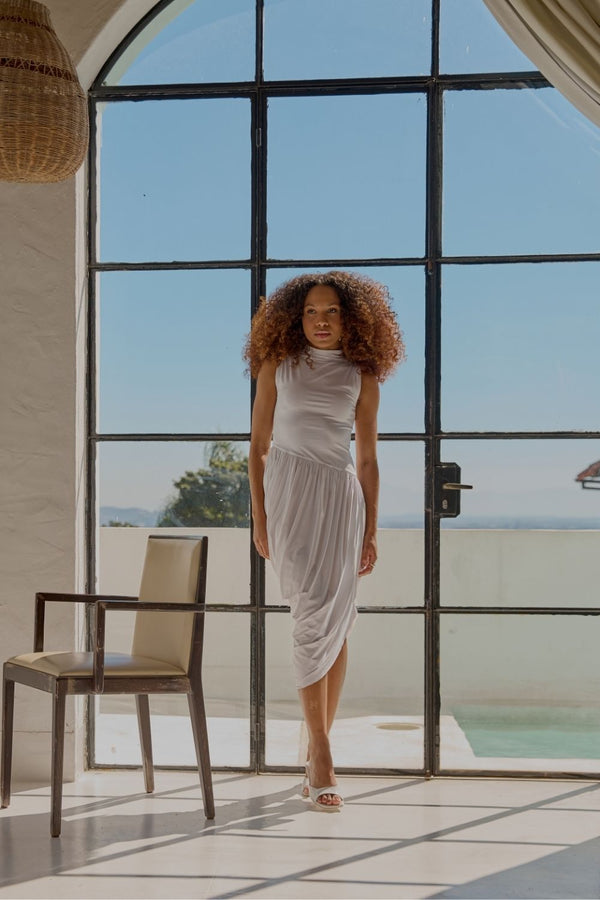 VESTIDO MIDI DRAPEADO EM POLIAMIDA OFF